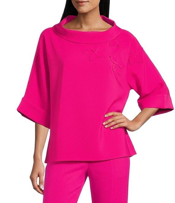 IC Collection Knit Fold Funnel Neck Elbow Sleeve Floral Applique Tunic Product Image