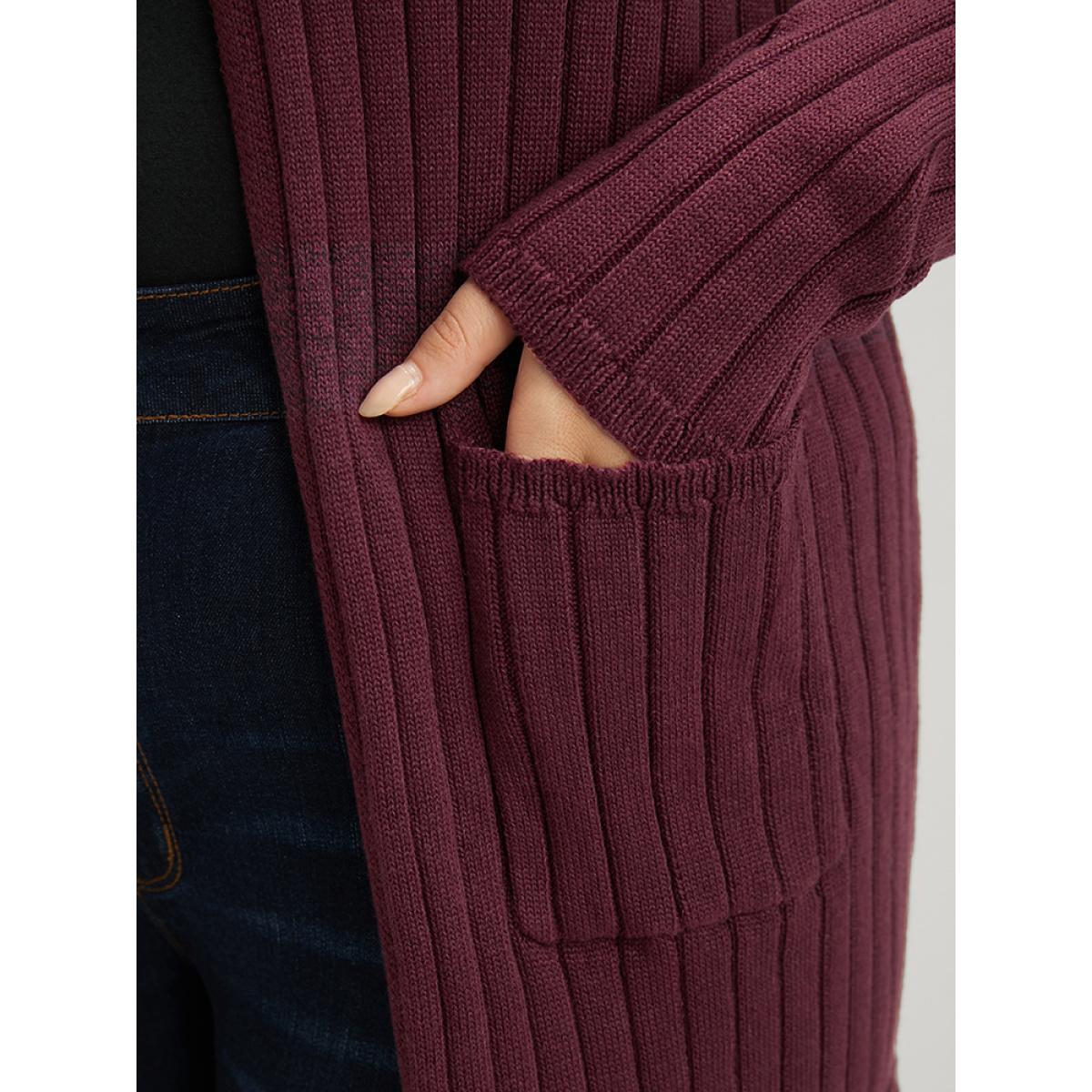 Plus Size Colorblock Contrast Super Soft Rib Knit Pocket Open Front Cardigan Burgundy Women Casual Long Sleeve Dailywear Cardigans BloomChic 30/6X Product Image