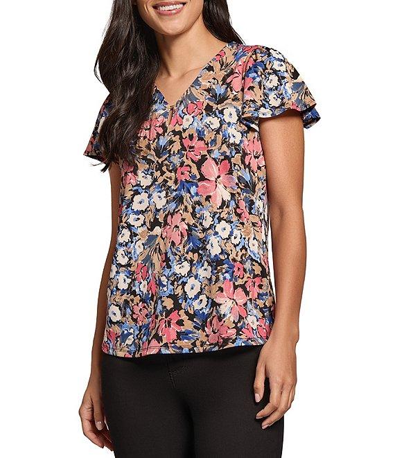 Jones New York Floral Printed Moss Crepe Noodle V-Neck Short Flutter Sleeve Top Product Image