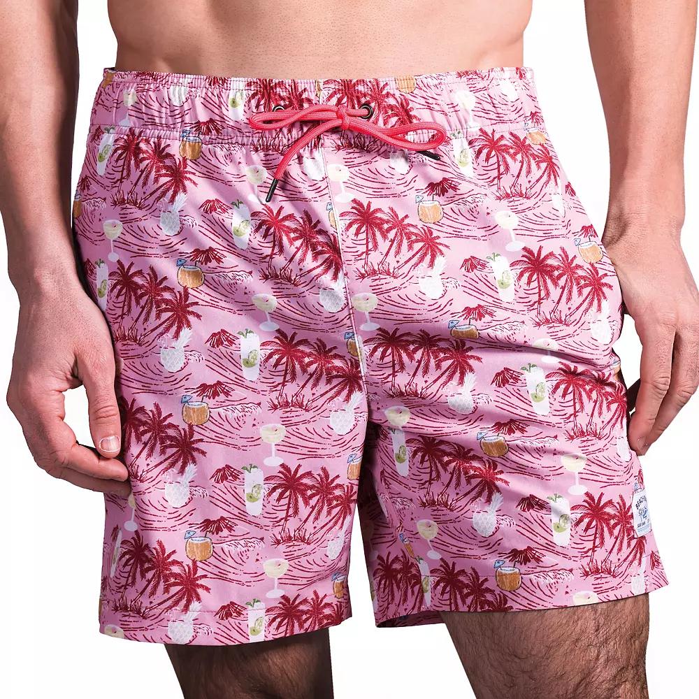 Men's Beach Bros 6.5-Inch Pink Tropical Print 4-Way Stretch Mesh Lined Swim Trunks, Size: Large Product Image