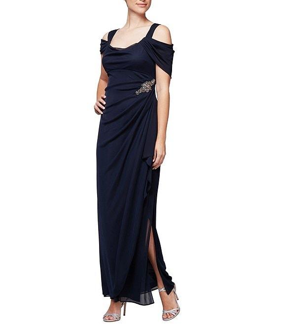 Alex Evenings Short Sleeve Cold Shoulder Cowl Neck Side Brooch Gown Product Image