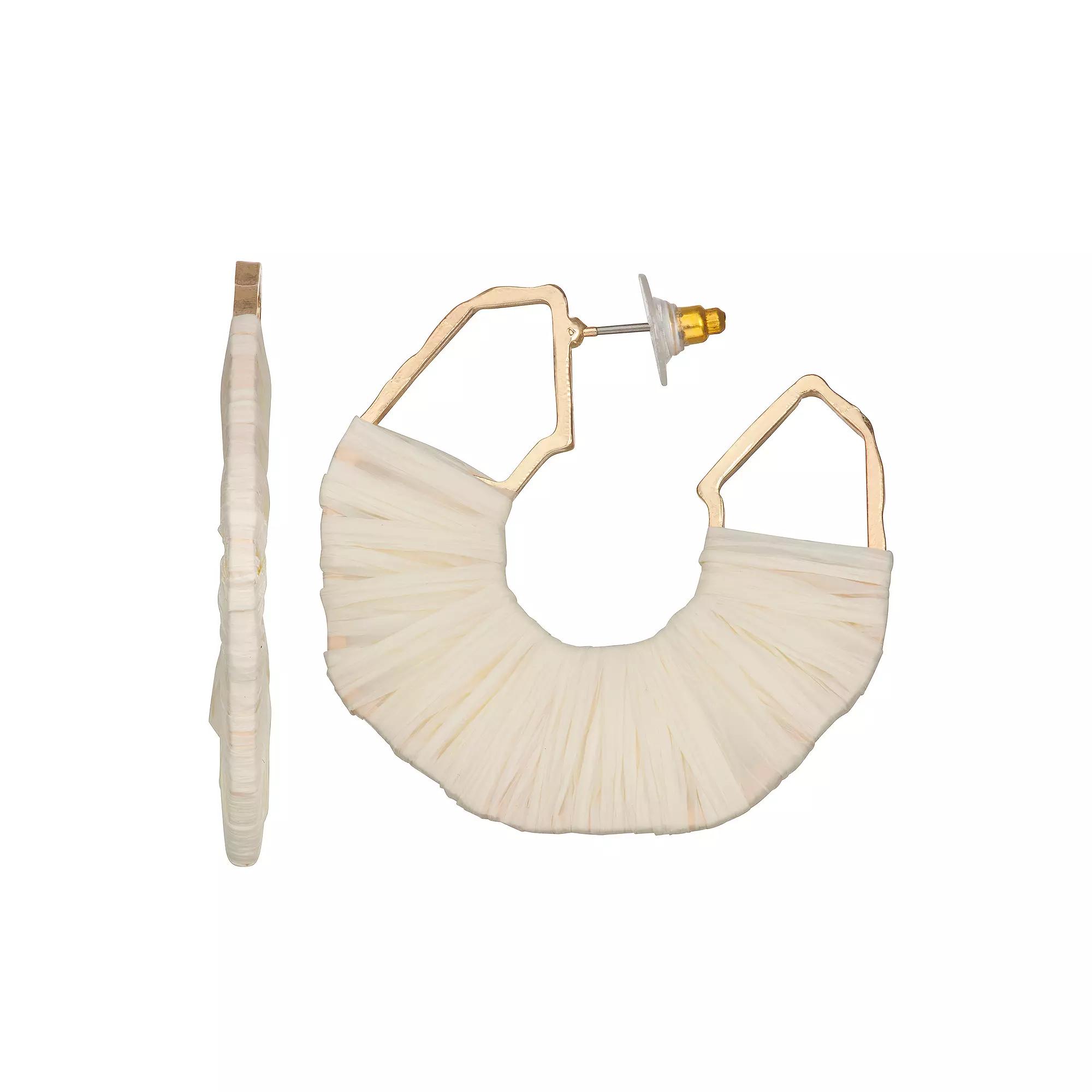 Emberly Gold Tone Raffia Wrapped Geo Hoop Earrings, Women's, White Product Image