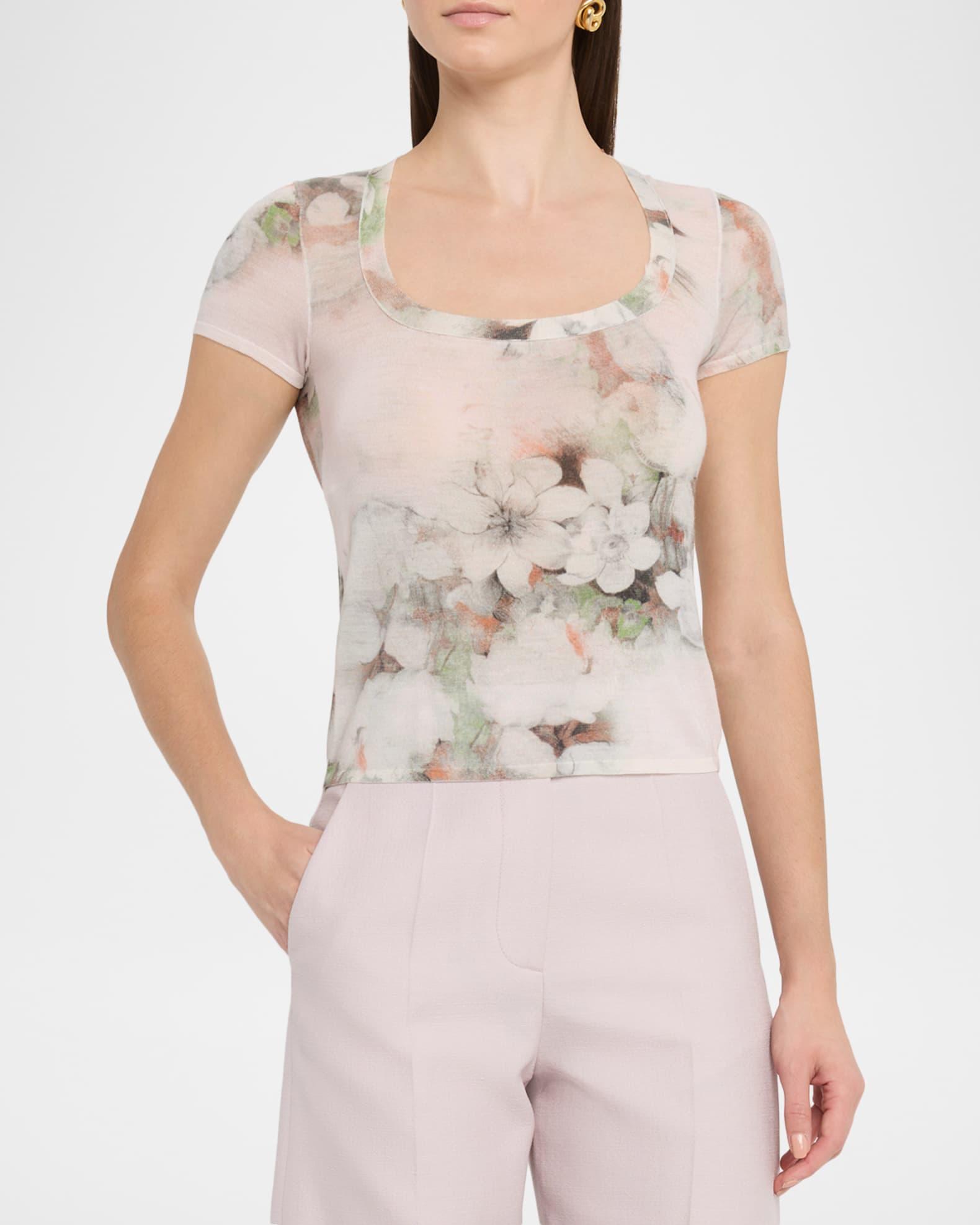 Floral-Print Lightweight Merino Wool Short-Sleeve Sweater Product Image