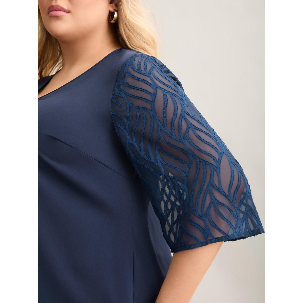 Plus Size Indigo Sheer Mesh Sleeve Spliced V-Neck Blouse Women Elegant Elbow-length sleeve V-neck Everyday Blouses BloomChic 22-24/3X Product Image