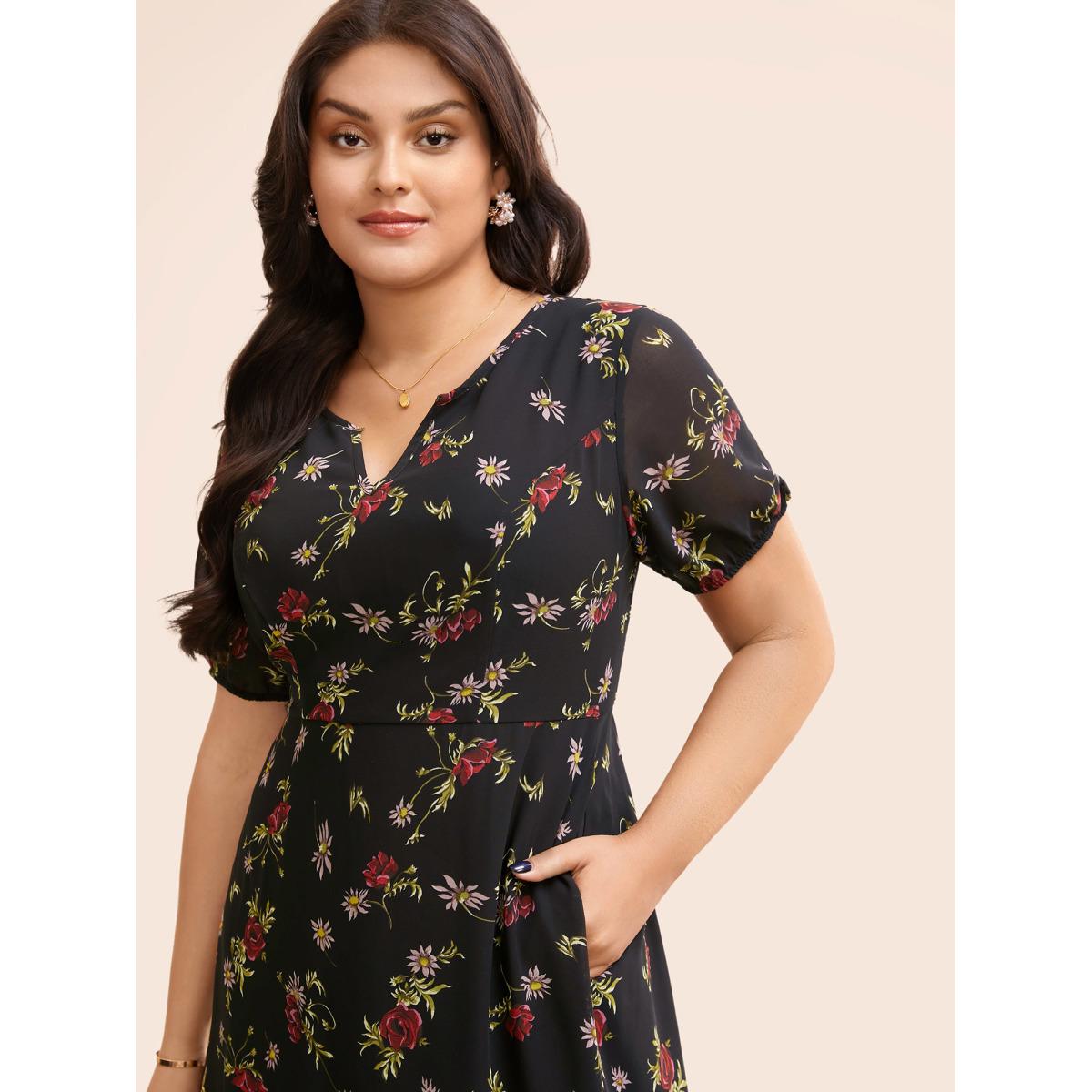 Plus Size Floral Notched Chiffon Mesh Midi Dress Black Women Timeless See through Notched collar Short sleeve Curvy BloomChic 28/5X Product Image
