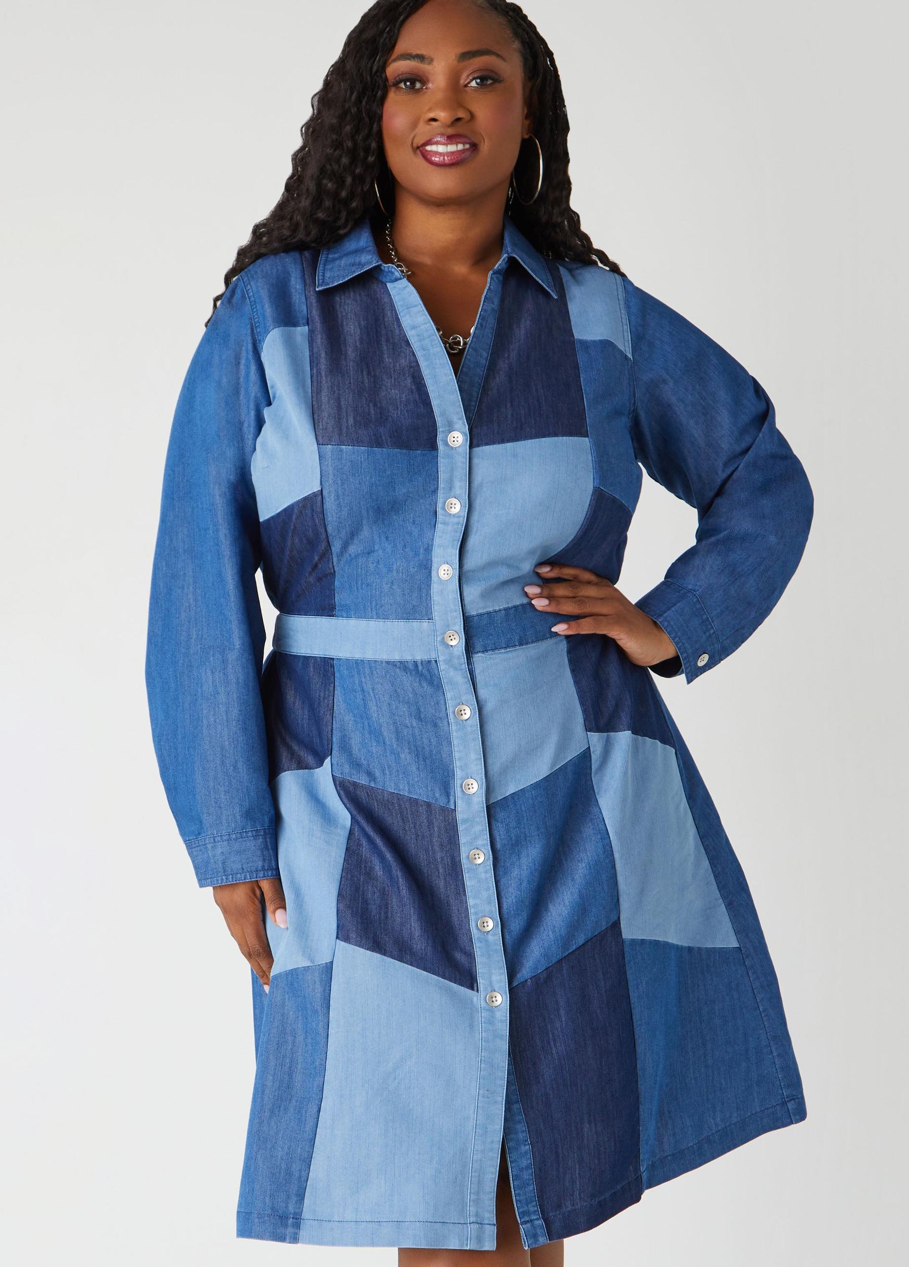 Patchwork Denim Shirtdress Product Image