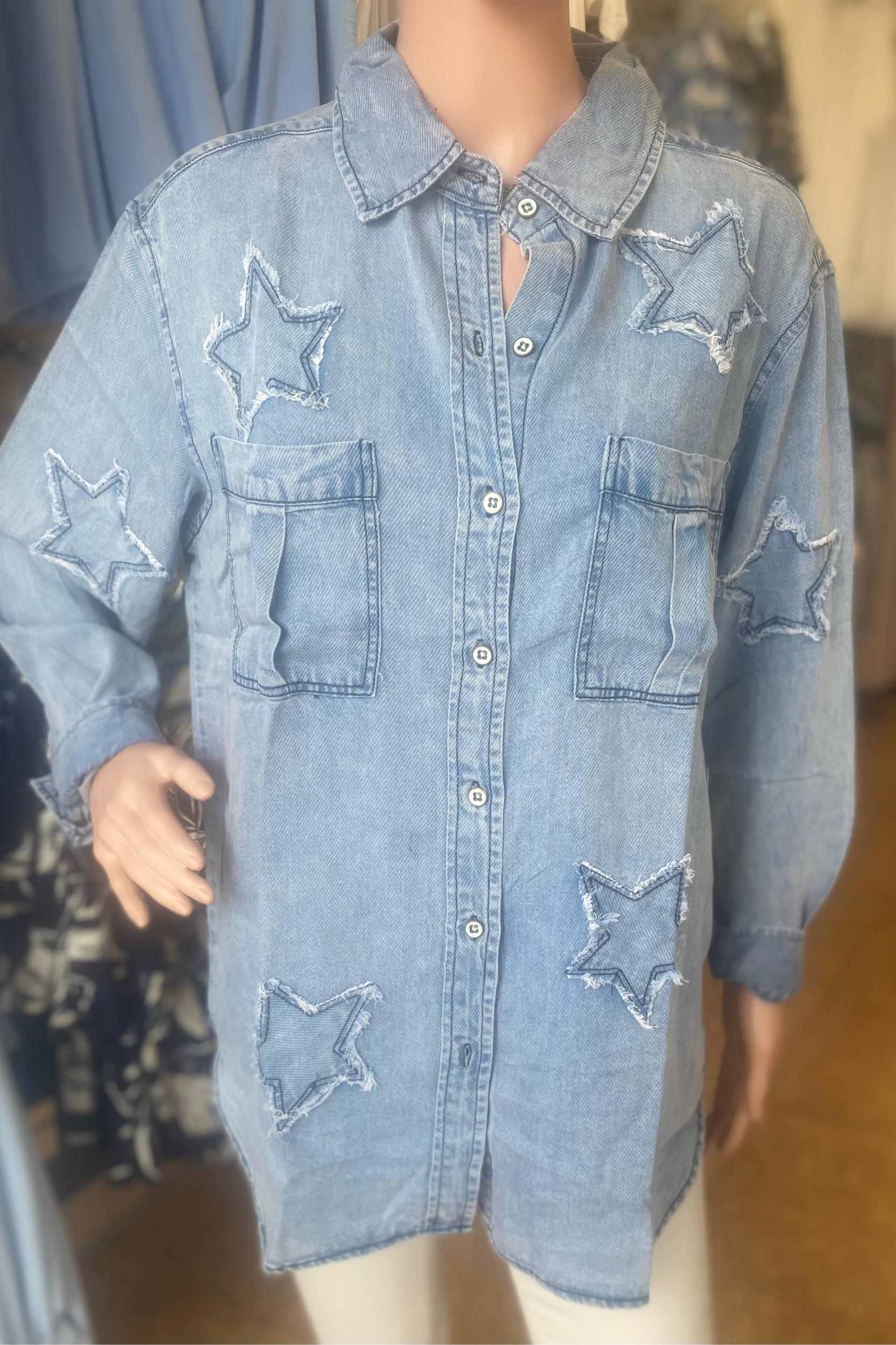 Denim Tencel Button Up with Star Appliqué Product Image