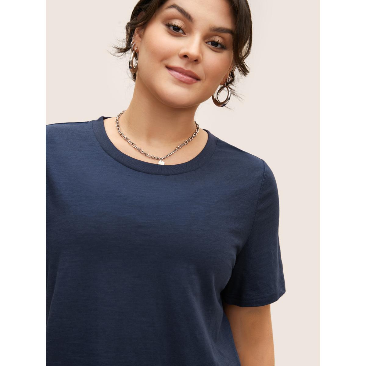 Plus Size Cotton Solid Crew Neck Pit Strip T-shirt Indigo Women Basics Non Round Neck Everyday T-shirts BloomChic 12/L Product Image