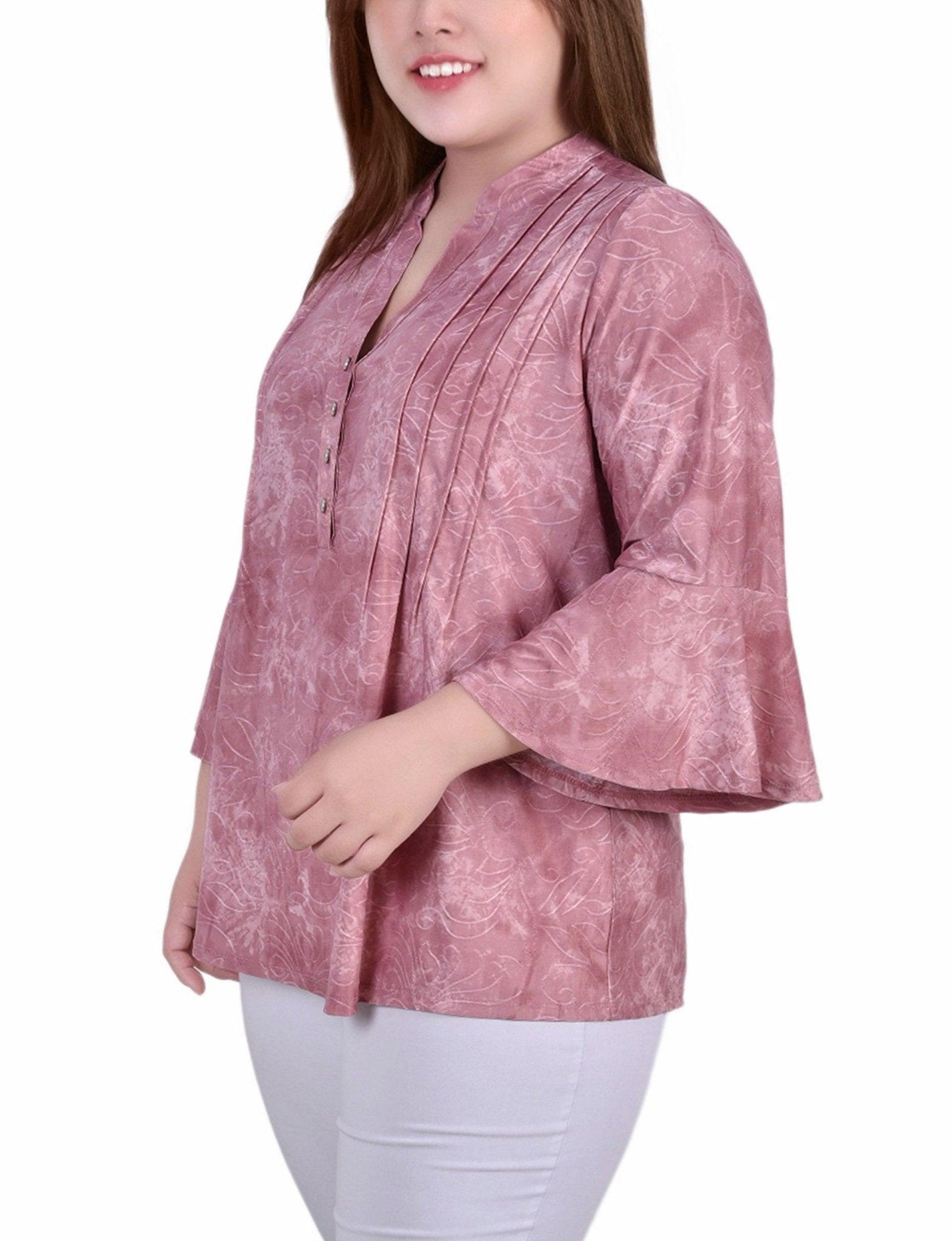 Mauve Tie Dye 3/4 Bell Sleeve Pleat Front Y Neck Top - Plus Product Image
