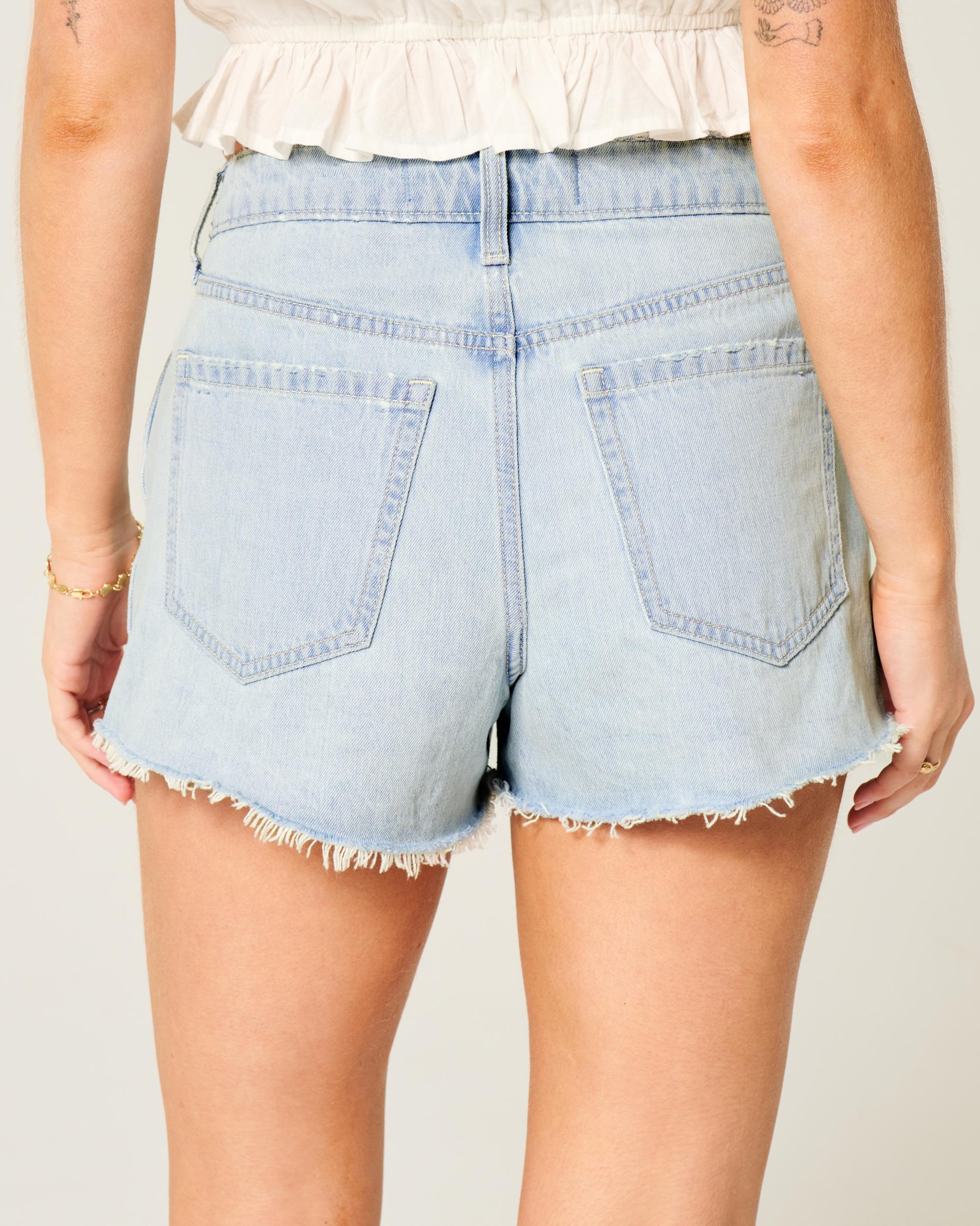 High-Rise Ripped Light Wash A-Line Denim Shorts Product Image