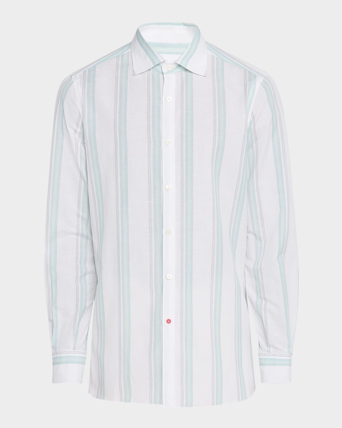 Mens Cotton and Linen Stripe Casual Button-Down Shirt Product Image