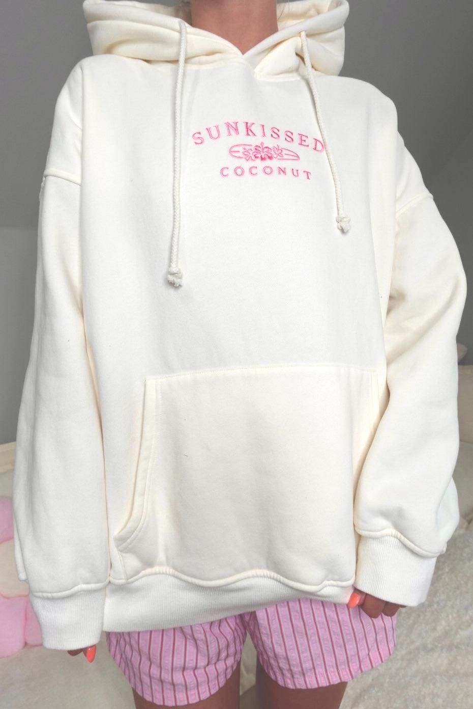 Ivory and Hibiscus Pink Sunkissedcoconut Embroider Hoodie Product Image