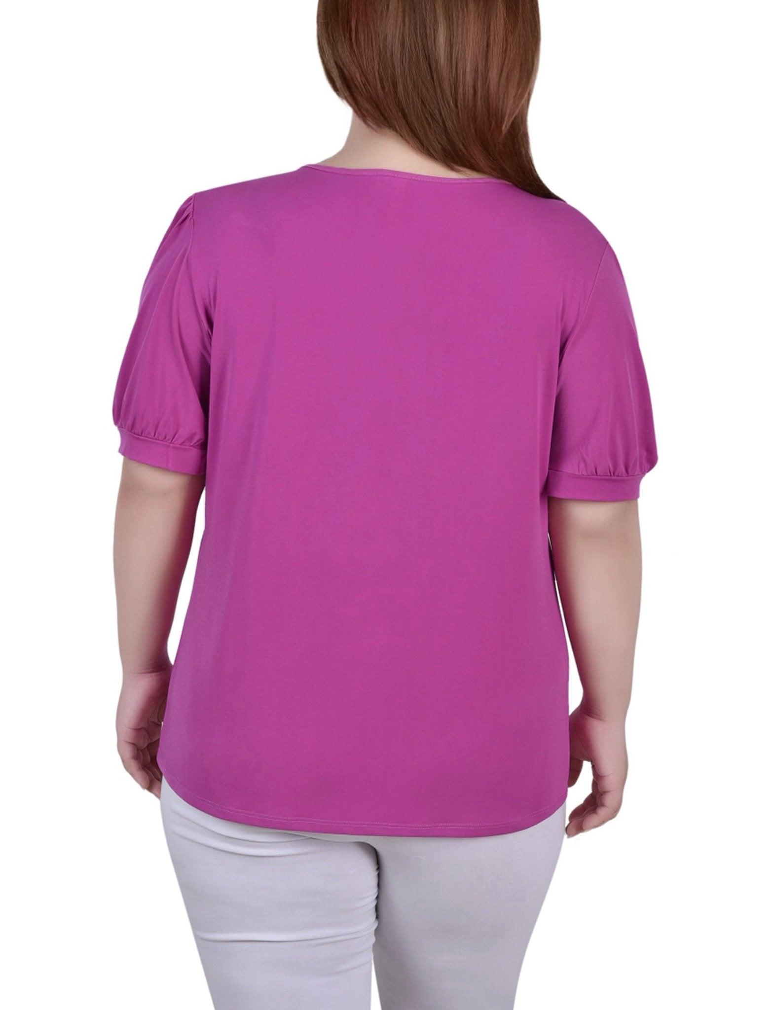 Magenta 3/4 Sleeve Blouse With Necklace - Petite Product Image