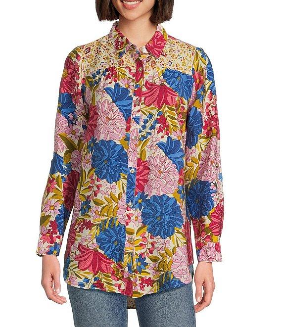 Figueroa & Flower Woven Floral Point Collar Long Roll-Tab Sleeve Button Front Blouse Product Image