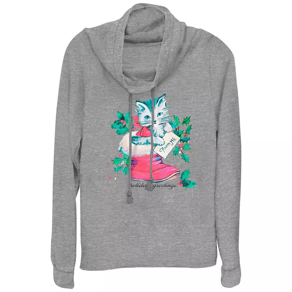 Women's Holiday Greetings Christmas Kitty Stocking Stuffer Cowlneck Graphic Lightweight Long Sleeve,  Product Image