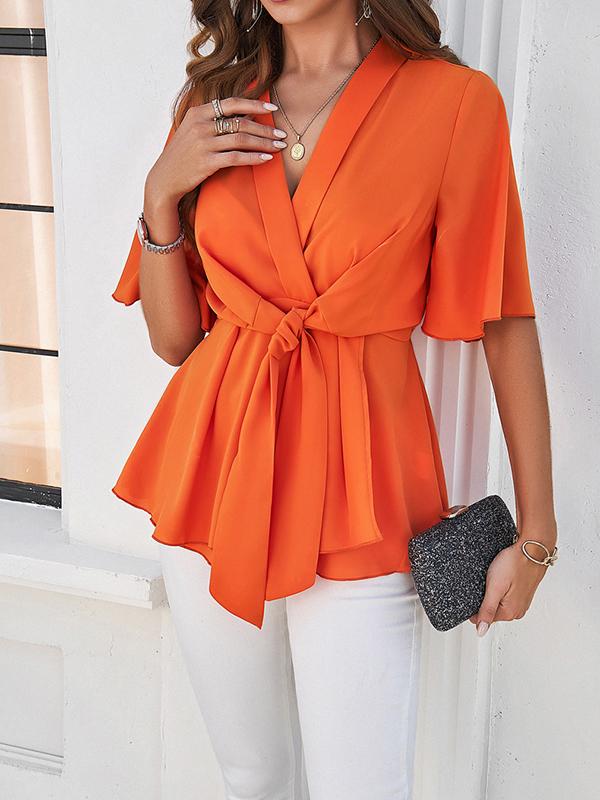 Flared Sleeves Half Sleeves Solid Color Tied V-Neck Blouses&Shirts Tops Product Image