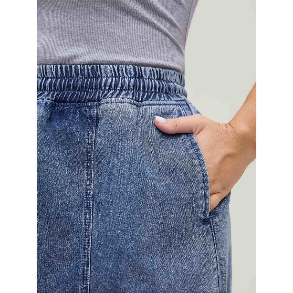 Plus Size Pull-On Drawstring Denim Skort Women Midblue No stretch Casual Slanted pocket Leisure Denim Shorts BloomChic 12/L Product Image