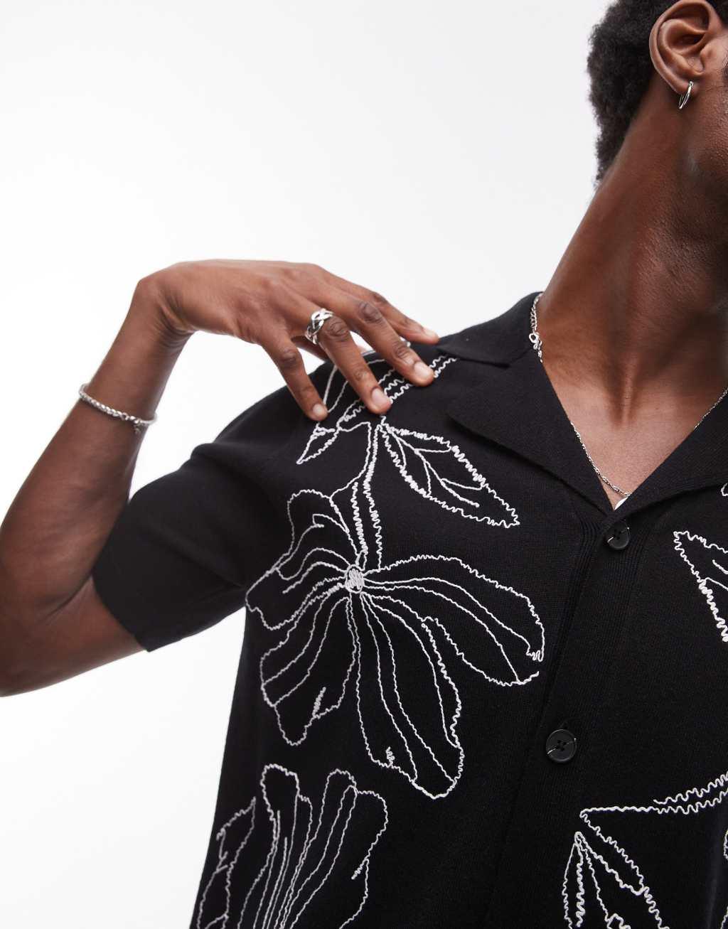 Topman front placement embroidered knit shirt in black Product Image