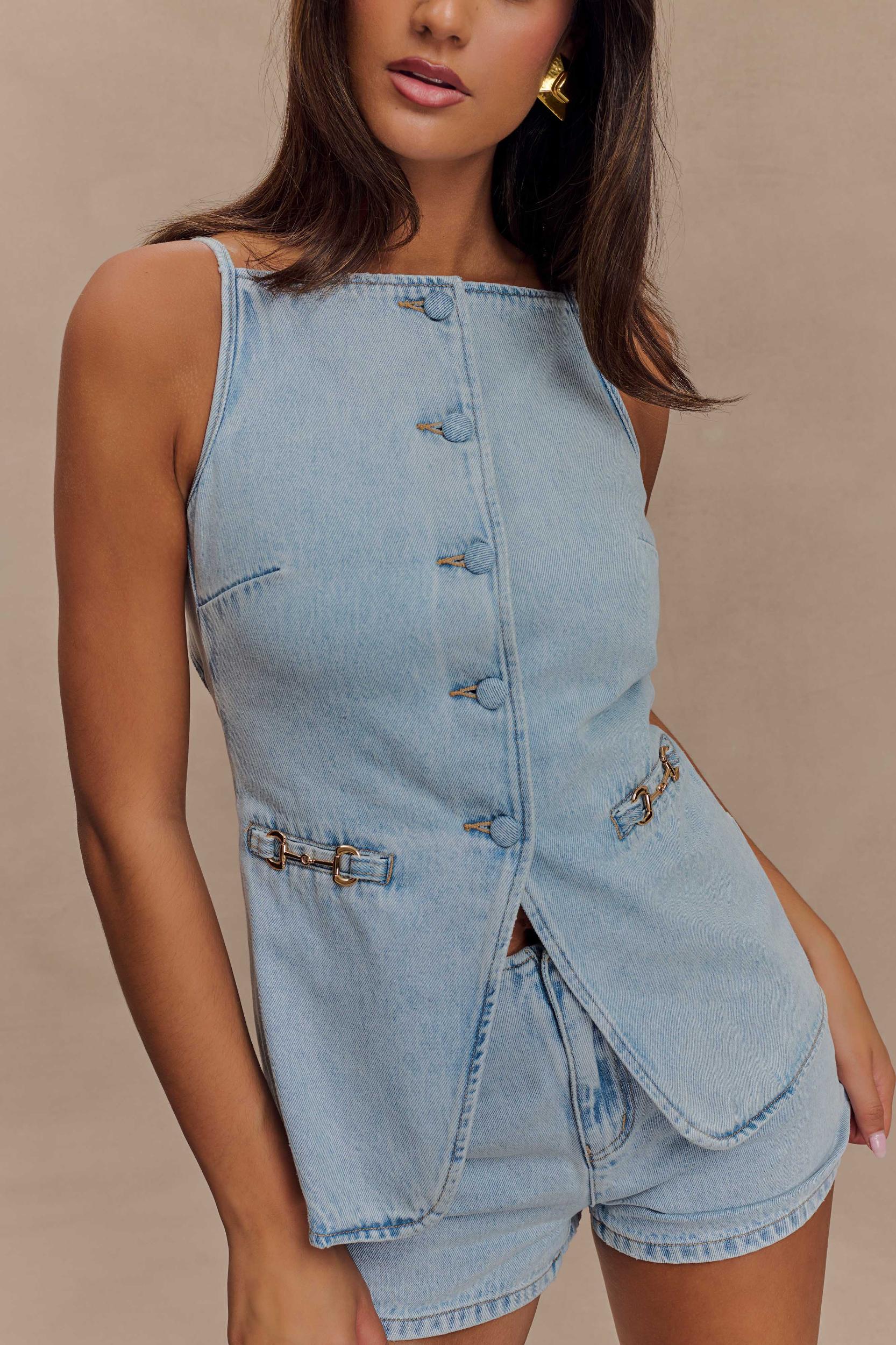 Ashton Sleeveless Button Denim Top - Light Blue Product Image