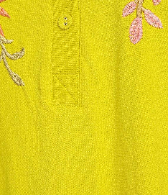 JOHNNY WAS Georgia Floral Embroidered Cotton Knit Button Detail V-Neck Short Sleeve Tee Product Image