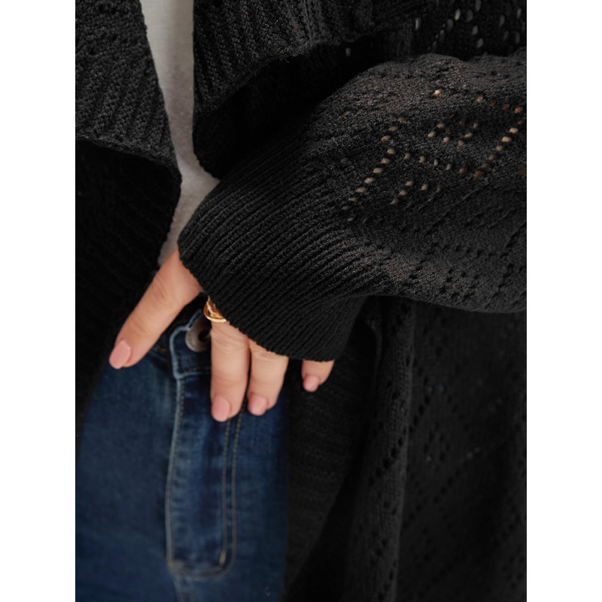 Plus Size Plain Pointelle Knit Argyle Eyelet Asymmetrical Open Front Cardigan Black Women Casual Loose Long Sleeve Dailywear Cardigans BloomChic 10/M Product Image