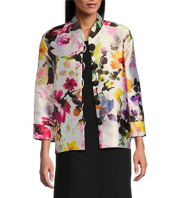 Caroline Rose Brilliant Bouquet Floral Print Mandarin Collar Bracelet Sleeve Button-Front Boxy Jacket Product Image