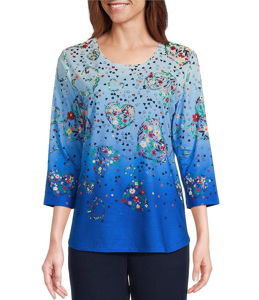 Allison Daley Petite Size Floral Hearts Print 3/4 Sleeve Crew Neck Knit Top Product Image