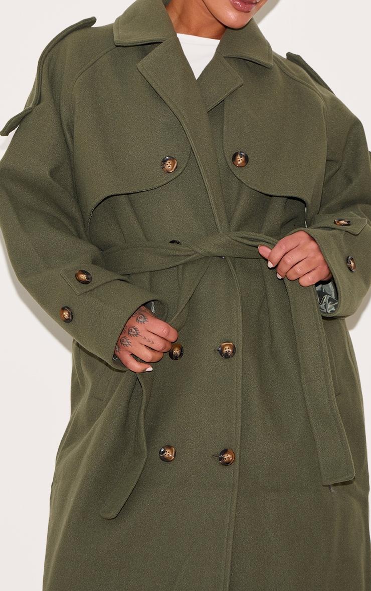 Plus Khaki Oversized Double Breasted Military Trim Coat Product Image