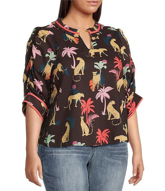 Democracy Plus Size Woven Animal Palm Printed Ruffle Split V-Neck Ruched Elbow Sleeve Top Product Image