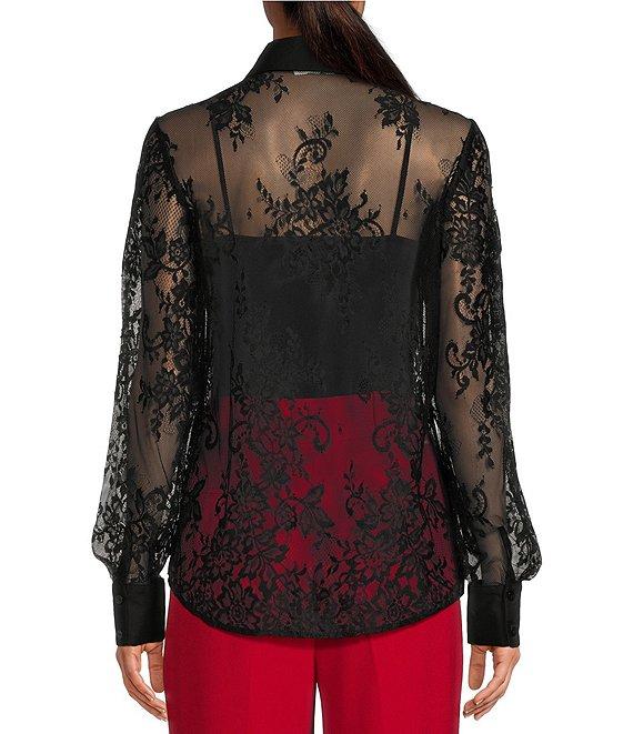 A Loves A Poplin Point Collar Bow Tie Neck Sheer Illusion Lace Long Sleeve Button Front Shirttail Blouse Product Image