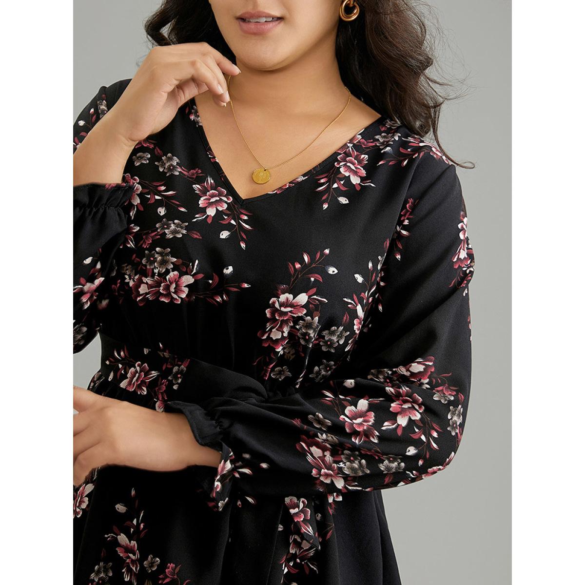 Plus Size BlackFlower Floral Elastic Waist Ruffles Ties Lantern Sleeve Blouse Women Elegant Long Sleeve V-neck Office Blouses BloomChic 26/4X Product Image