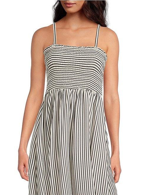 CeCe Woven Stripe Print Square Neck Sleeveless Smocked Midi A-Line Dress Product Image