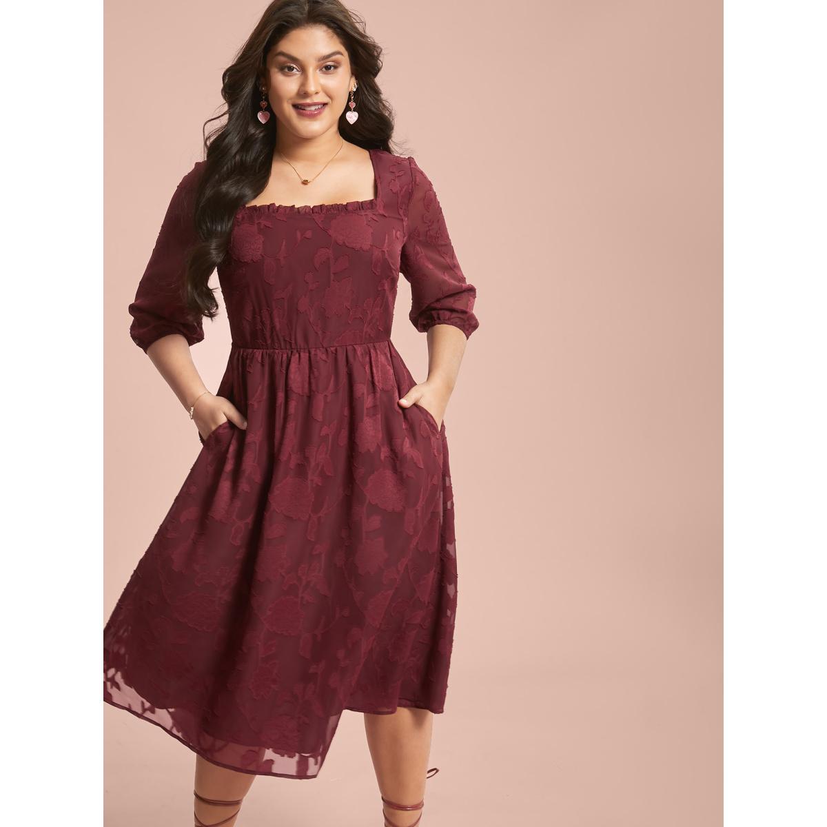 Plus Size Floral Frill Trim Stretchy-Waist Sheer Midi Dress Burgundy Women Elegant Texture Square Neck Elbow-length sleeve Curvy BloomChic 22-24/3X Product Image