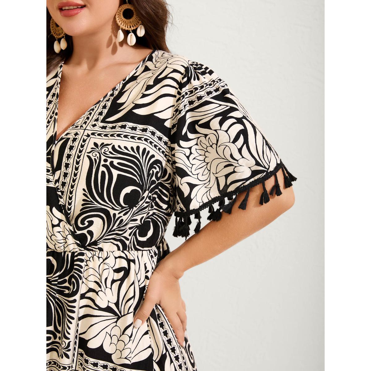 Plus Size Monochrome Collage Print Tassels Midi Dress Black Women V-neck Short sleeve Curvy BloomChic 22-24/3X Product Image