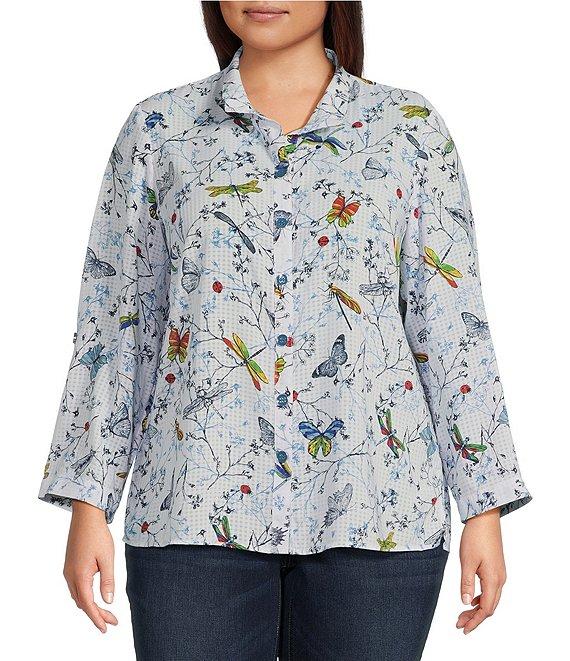 Ali Miles Plus Size Burnout Woven Printed Wire Collar 3/4 Roll-Tab Sleeve Button Front Tunic Product Image