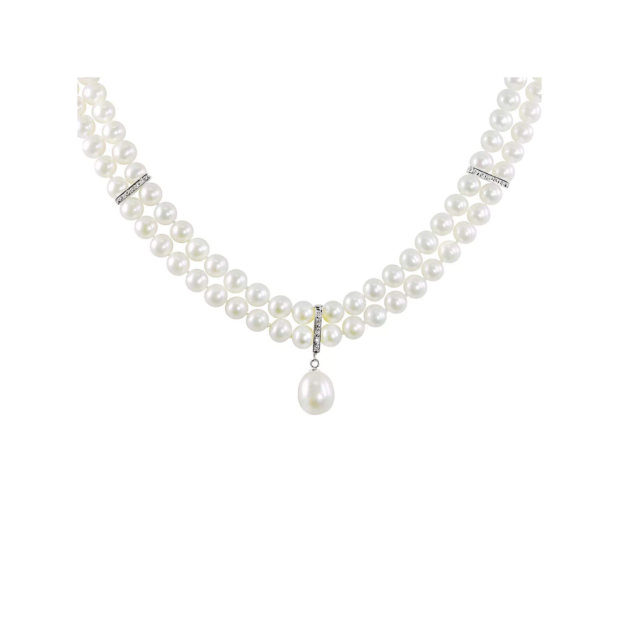 14k White Gold Freshwater Cultured Pearl and Diamond Accent Necklace, Womens 14k Whgold Product Image