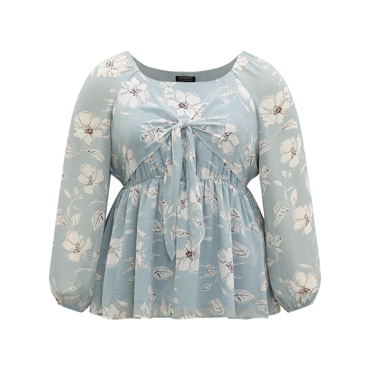 Plus Size LightBlue Silhouette Floral Print Twist Front Gathered Lantern Sleeve Blouse Women Elegant Long Sleeve Scoop Neck Dailywear Blouses BloomChic 12/L Product Image