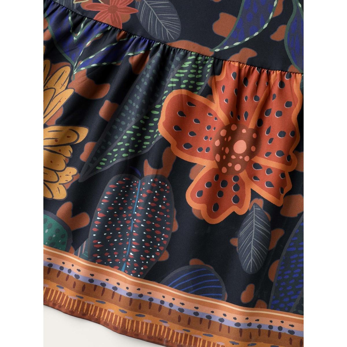 Plus Size Floral Shirred Lantern Sleeve Midi Dress DarkBlue Women Resort Gathered V-neck Half Sleeve Curvy BloomChic 14-16/1X Product Image