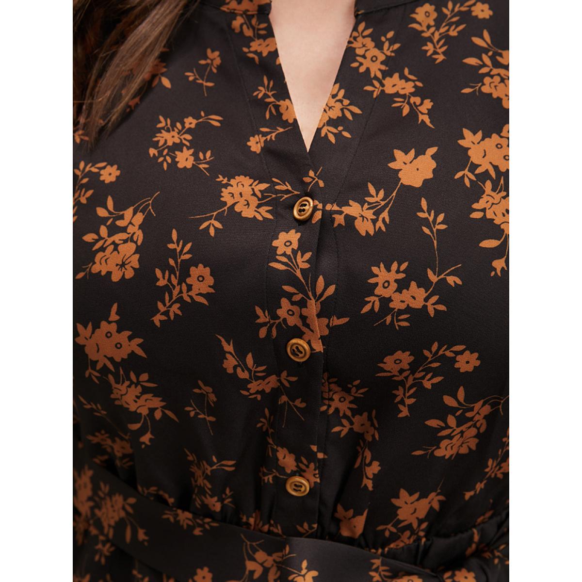 Plus Size Ditsy Floral Pocket Belted Lantern Sleeve Midi Dress Black Women Elegant Button V-neck Long Sleeve Curvy Midi Dress BloomChic 10/M Product Image