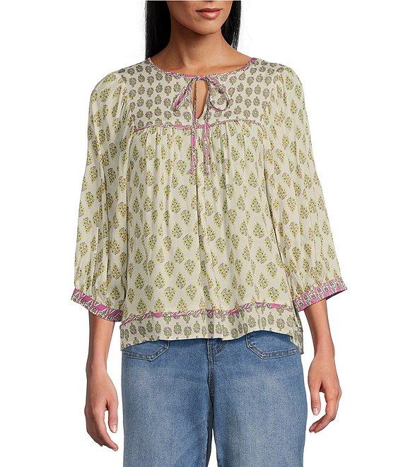 Nurture Woven Geo Mix Pattern Elbow Sleeve Top Product Image