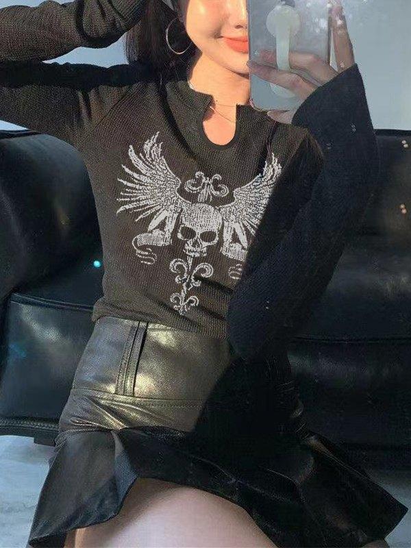 Winged Skull Ribbed Knit Crop Top Product Image