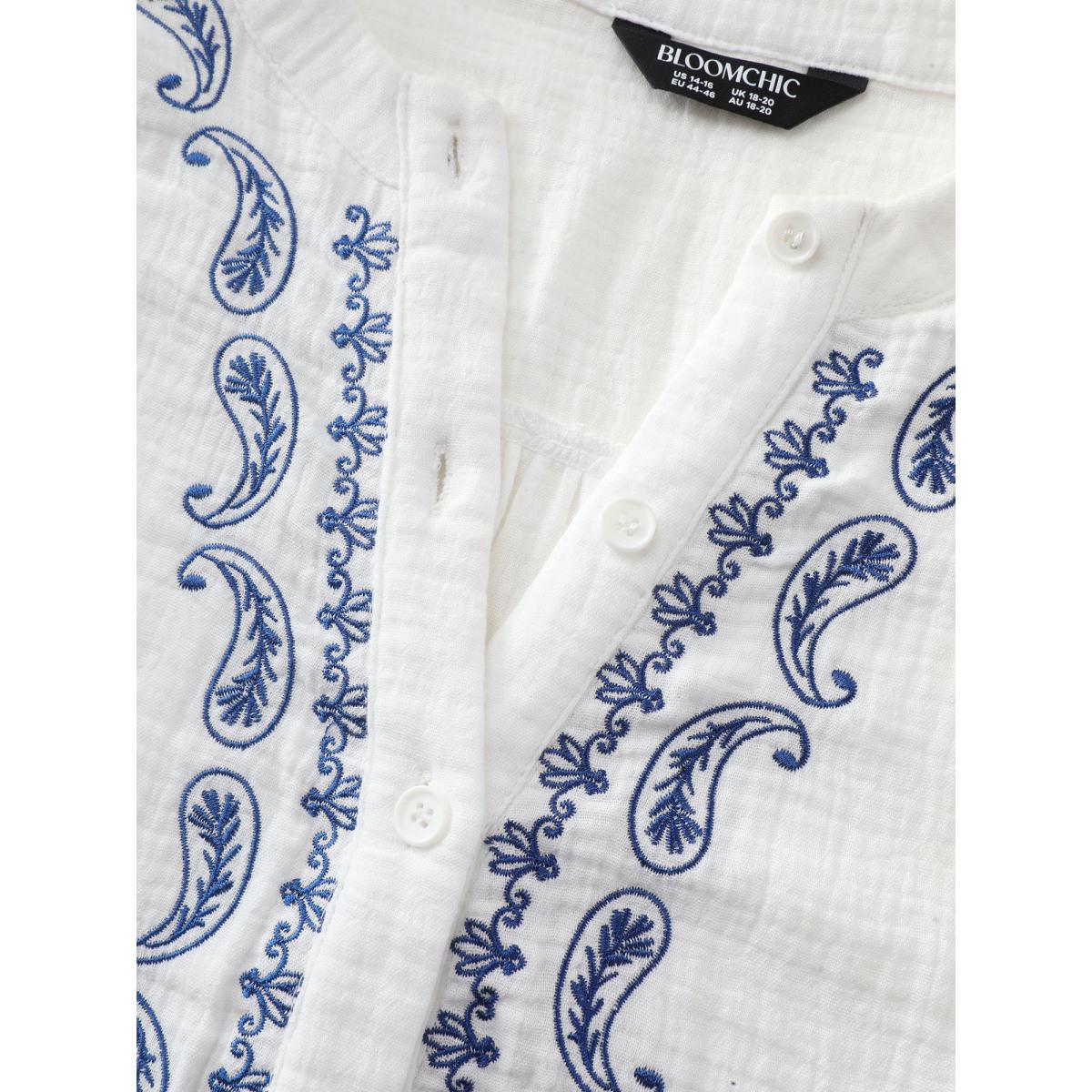 Plus Size Originalwhite Cotton Textured Embroidered Notched Collar Blouse Women Resort Long Sleeve Flat collar with V-notch Vacation Blouses BloomChic 10/M Product Image