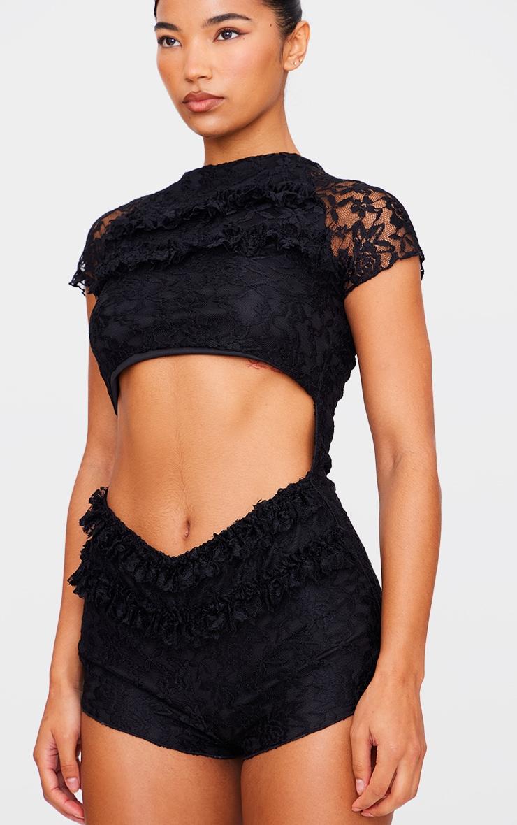 Black Lace Ruffle Detail Cut Out Rara Unitard Product Image