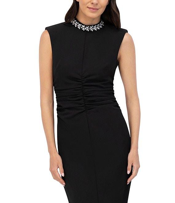 Eliza J Laguna Crepe Beaded Mock Neck Sleeveless Ruched Midi Dress Product Image