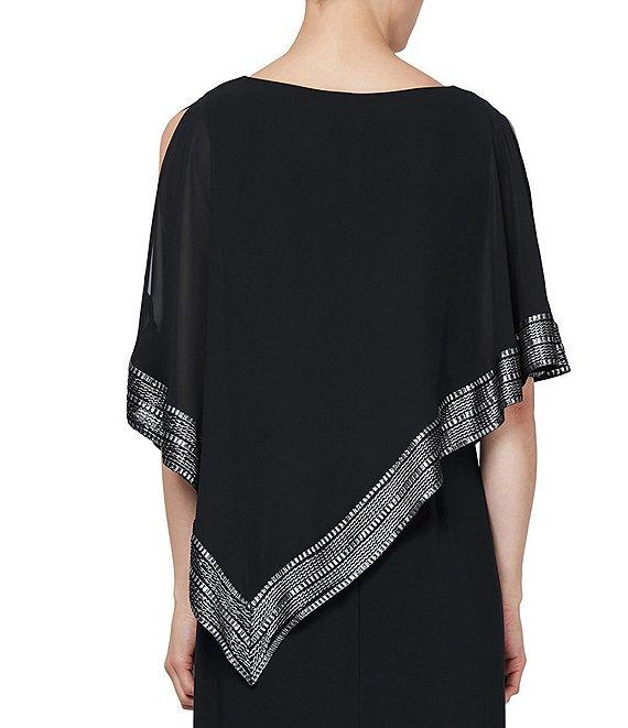 Ignite Evenings Asymmetrical 3/4 Capelet Cold Shoulder Sleeve Round Neck Metallic Trim Popover Dress Product Image