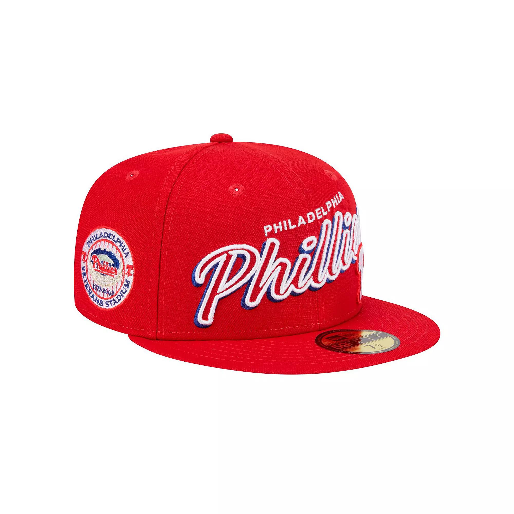 Men's New Era Red Philadelphia Phillies Script Sided 59FIFTY Fitted Hat,  Product Image