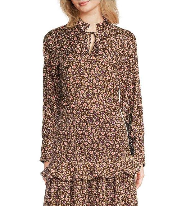 J.McLaughlin Coordinating Cecilia Floral Print Ruffle Split V-Neck Bracelet Sleeve Blouse Product Image