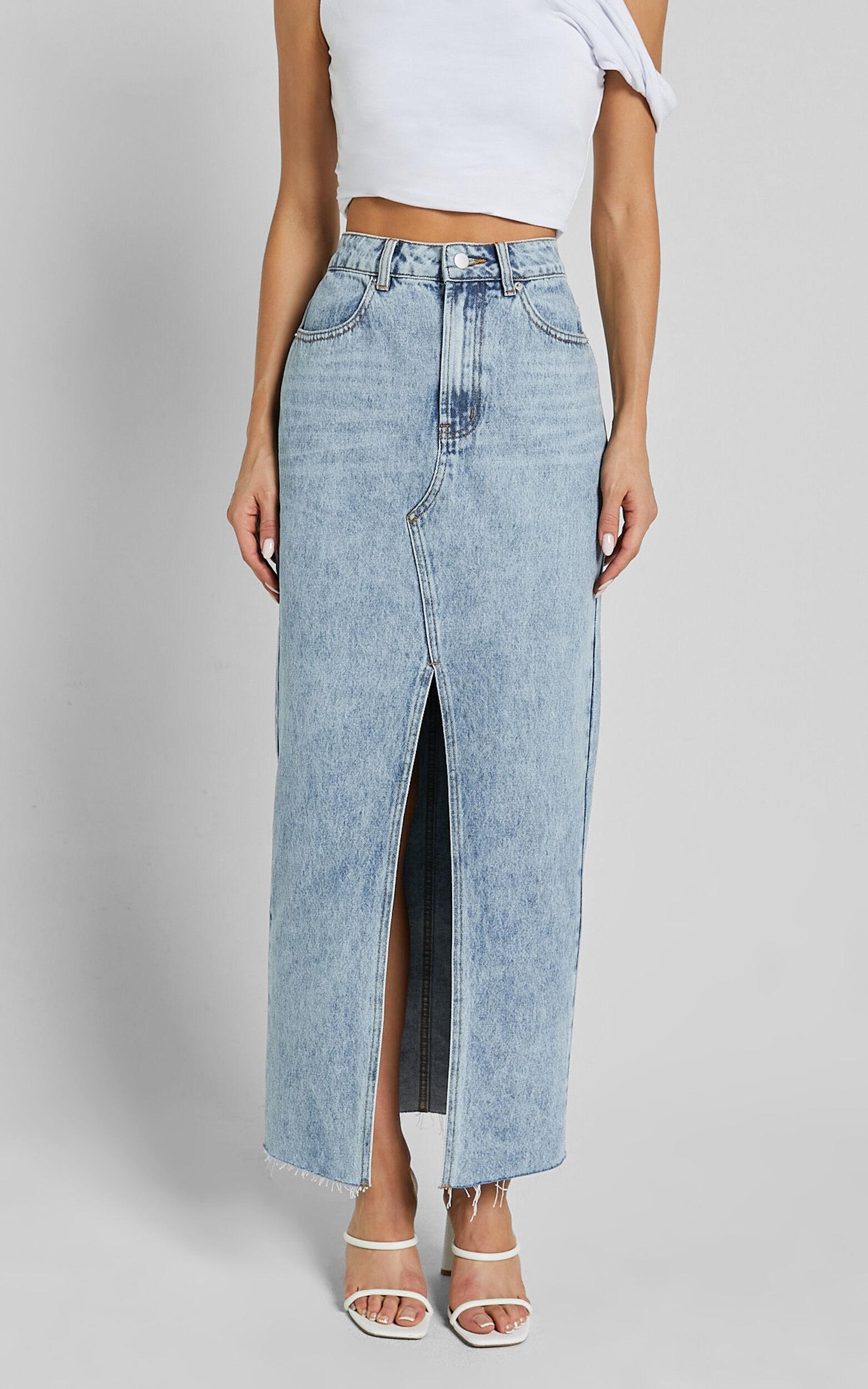 Kira Midi Skirt - Front Split Denim Skirt in Light Blue Wash Product Image