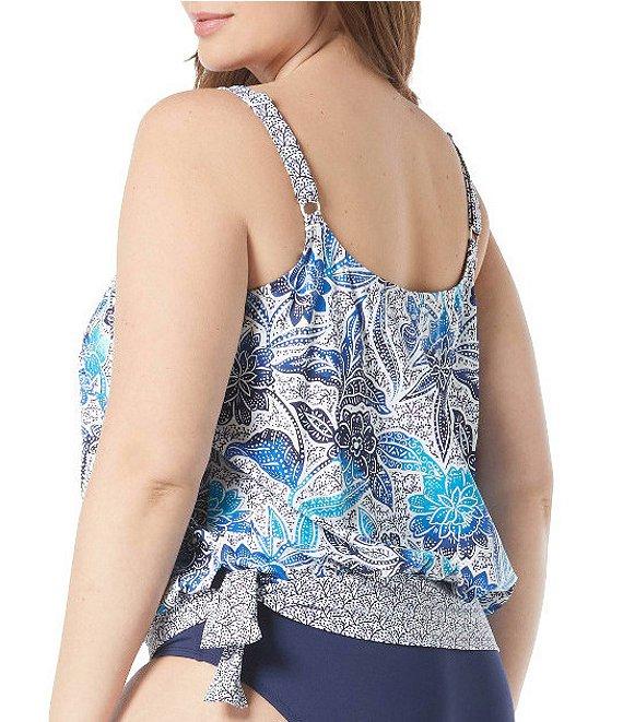 Beach House Plus Size Samoan Floral Side Tie Blouson Tankini Swim Top Product Image