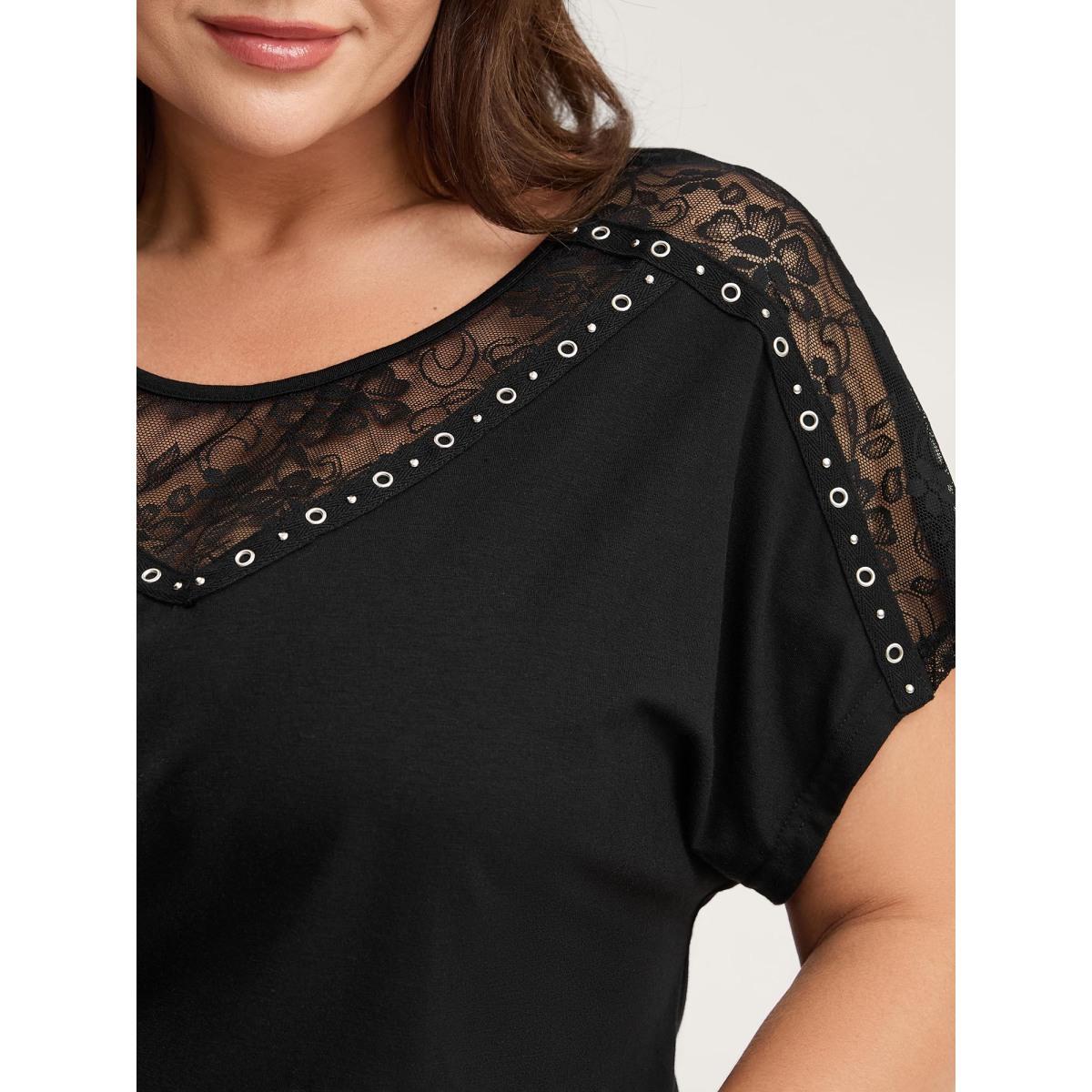Plus Size Lace Trim Sheer Solid T-Shirt Black Women Leisure Non Casual T-shirts BloomChic 22-24/3X Product Image